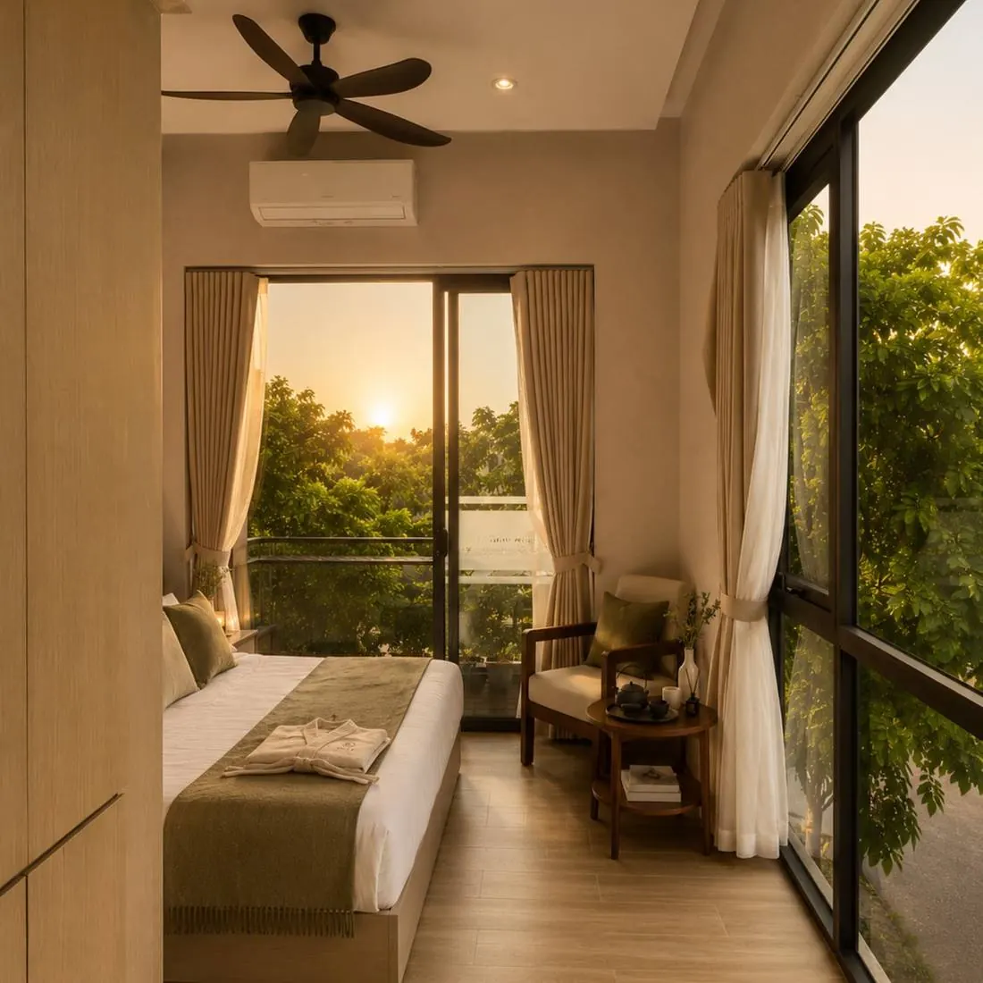 Ban công phòng Double Balcony lúc hoàng hôn